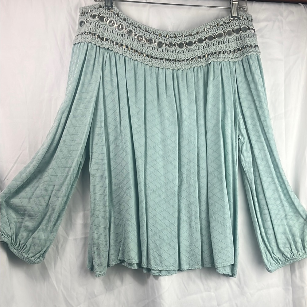 Sea foam, crochet & embellished off the shoulder top, w/ long Puff Sleeves